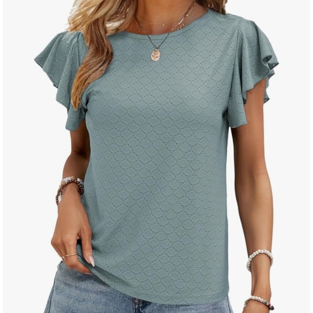 Shewin Womens Summer Crewneck Ruffle Sleeve T-Shirt XL Boho Loose Fit Casual Top